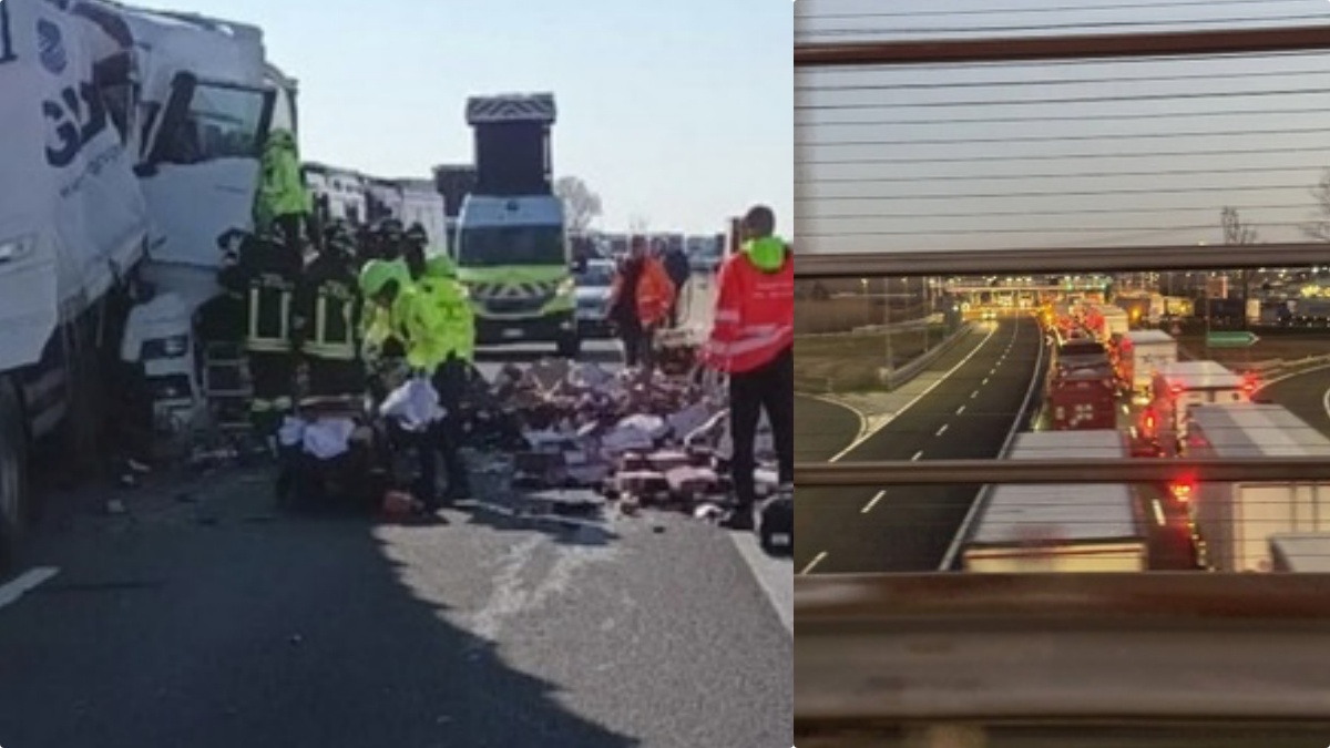 Incidente in A4, schianto fra 3 camion: bottiglie per terra e un ferito